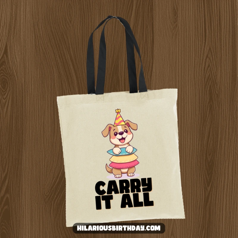 Funny tote bag illustrating a playful dog character expertly balancing a stack of colorful party hats, ready for any festive occasion.