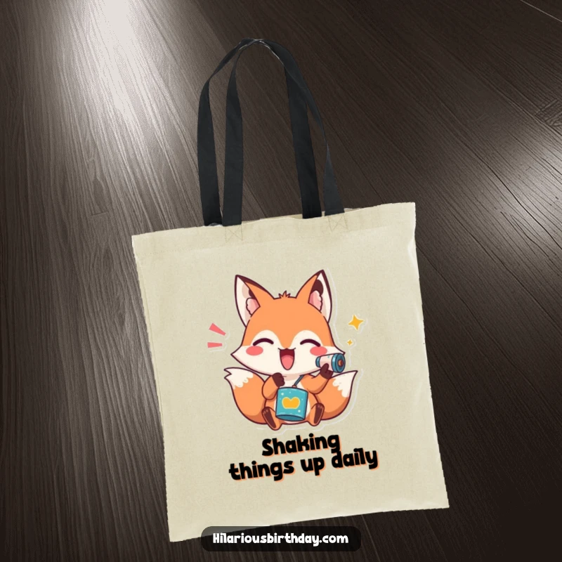Funny tote bag with a playful fox character enthusiastically shaking a noisemaker, perfect for carrying essentials with festive flair.