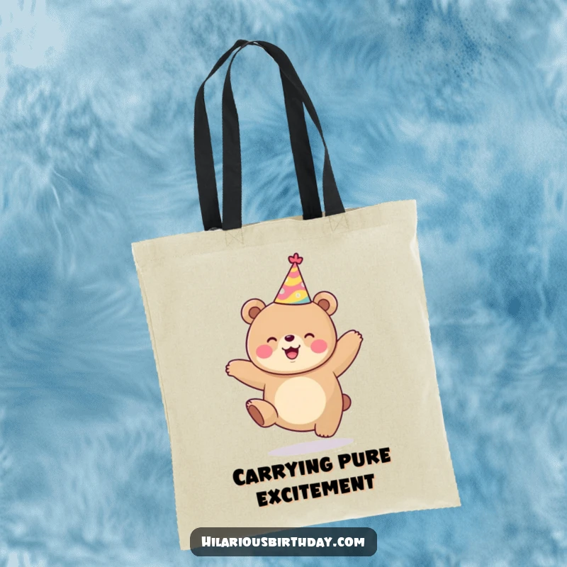 Funny kawaii bear wearing a party hat, jumping for joy, a durable tote bag, great for errands and gifts.