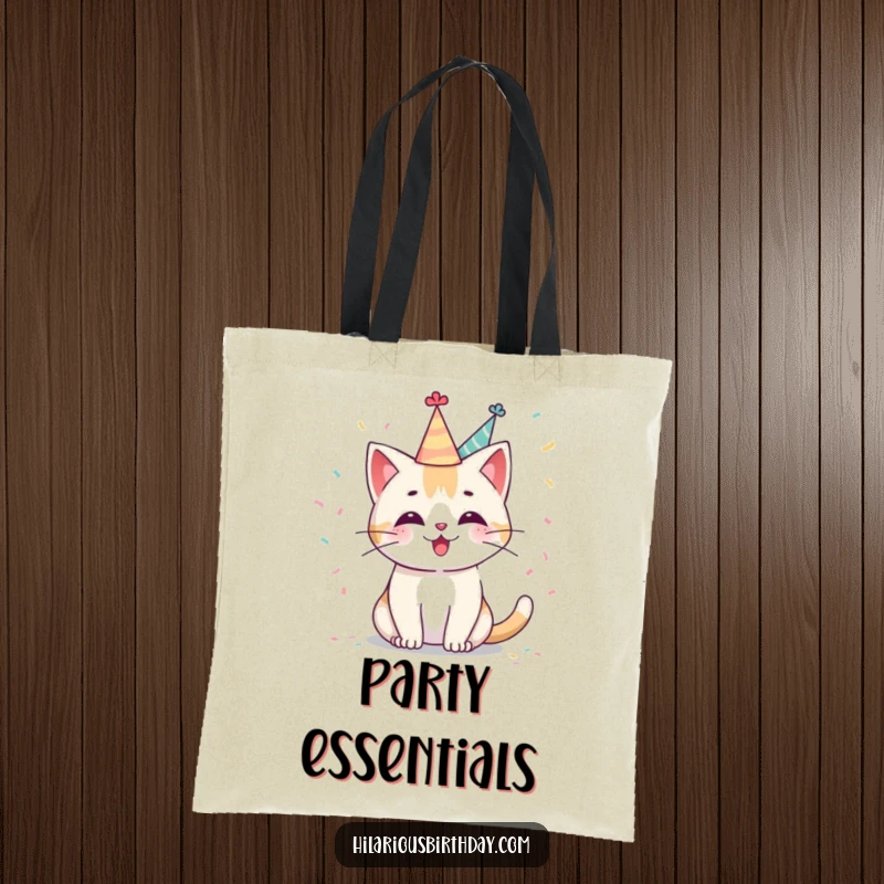 Funny Kawaii cat tote bag with a cute character in a party hat, playfully tossing confetti, a charming and humorous accessory for daily use.