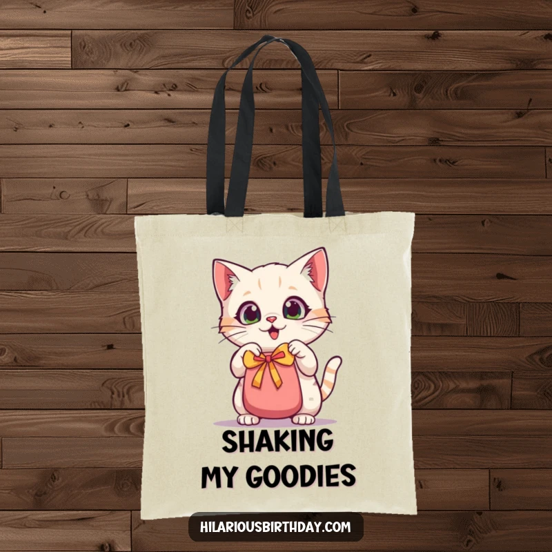 Funny kawaii cat tote bag, a cute cat with big eyes shaking a gift bag, perfect for carrying everyday items.