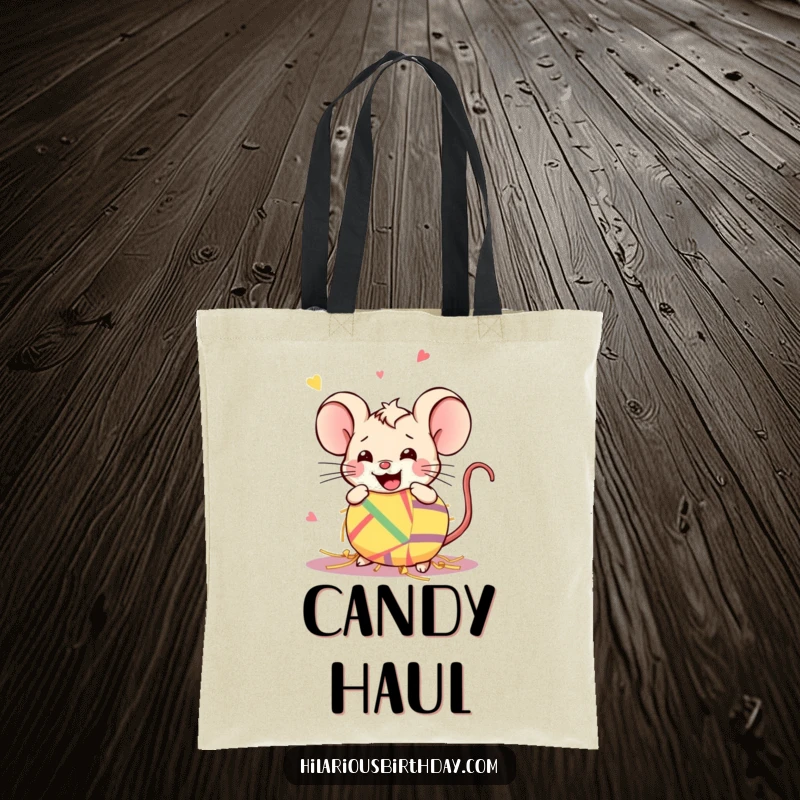 Funny Kawaii mouse joyfully smashing a piñata on a tote bag, perfect for carrying party supplies.