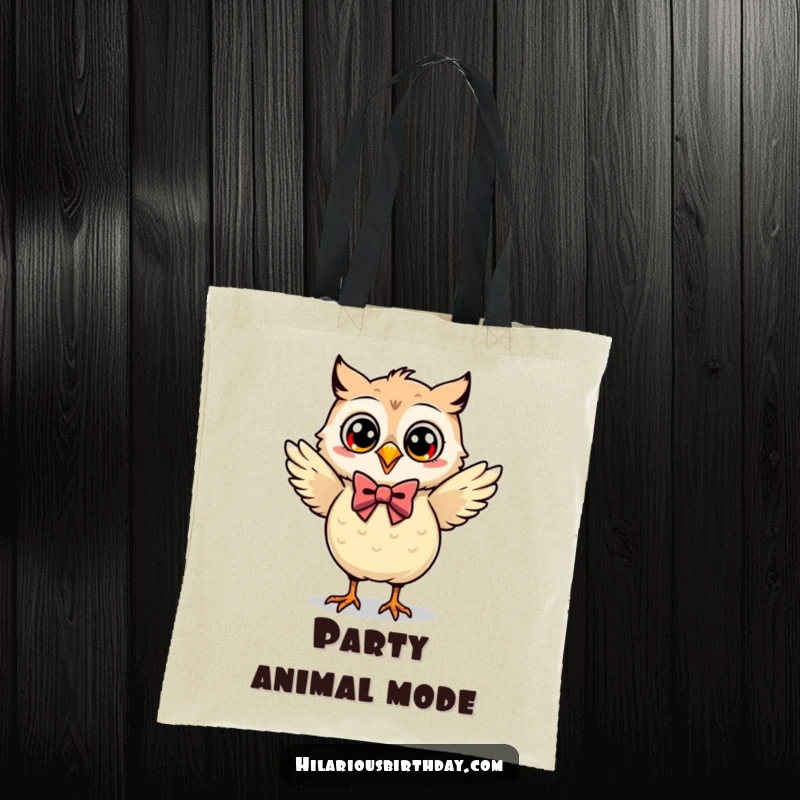 Funny Kawaii owl in a bow tie, dancing across a spacious tote bag, ideal for a practical funny gift.