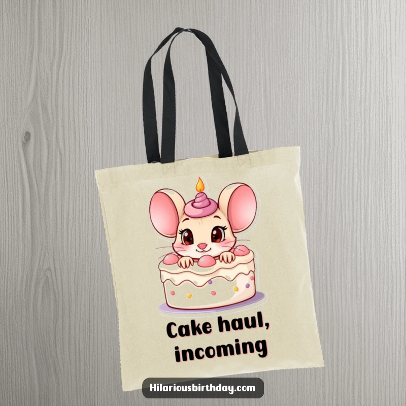 Funny curious mouse character peeking out of a birthday cake with wide eyes, on a durable tote bag.