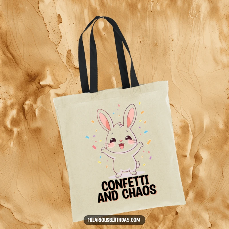 Funny cheerful rabbit tossing confetti, on a tote bag, ideal for carrying items with funny, joyful flair.