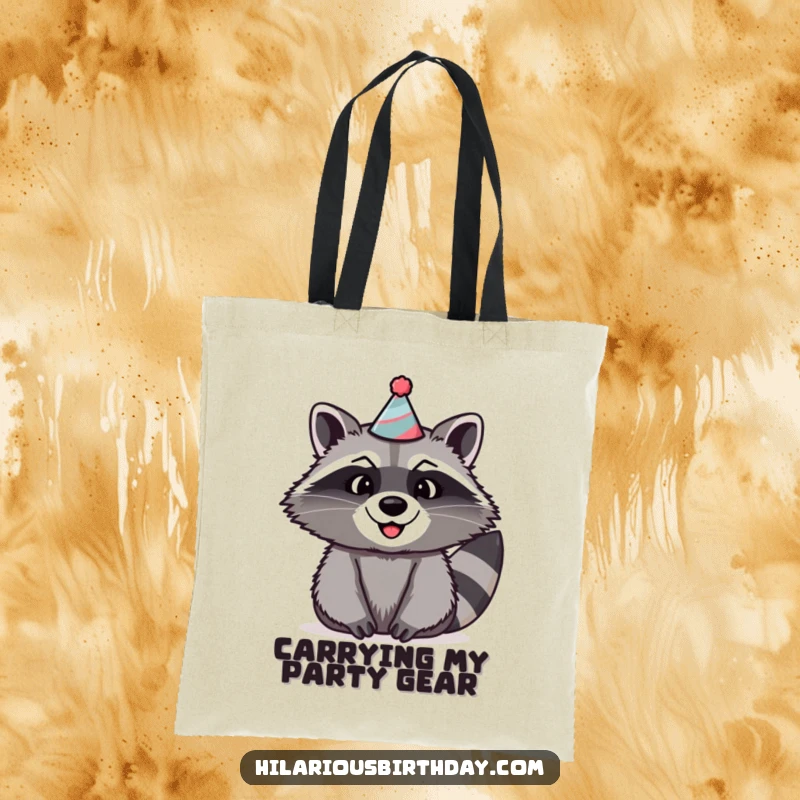 Funny raccoon tote bag with a beaming raccoon wearing a very silly, oversized party hat and a happy expression.