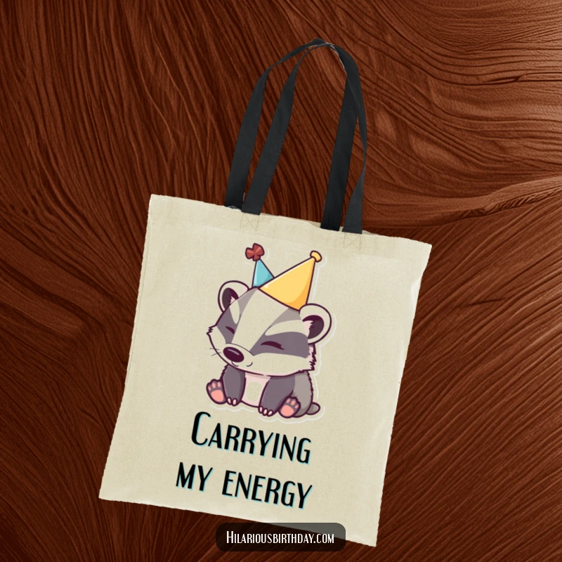 Funny sleepy badger tote bag showcasing a tired badger in a party hat, a functional and humorous accessory.