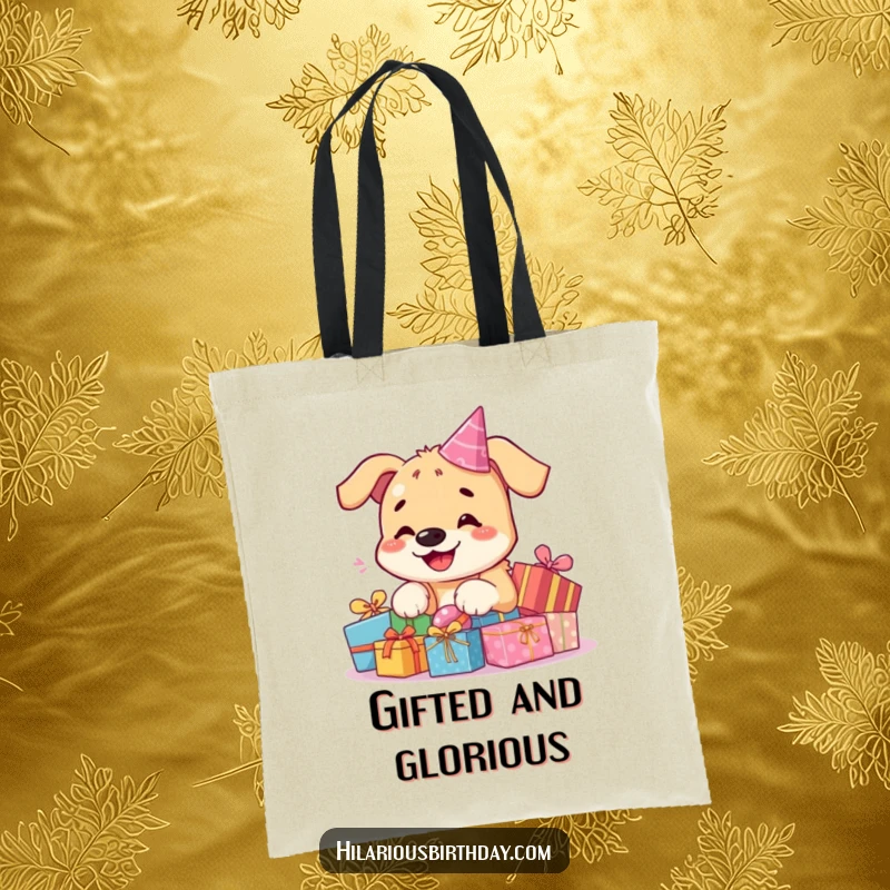 Funny kawaii dog tote bag, a smiling dog happily playing with many colorful birthday presents, perfect for shopping trips.
