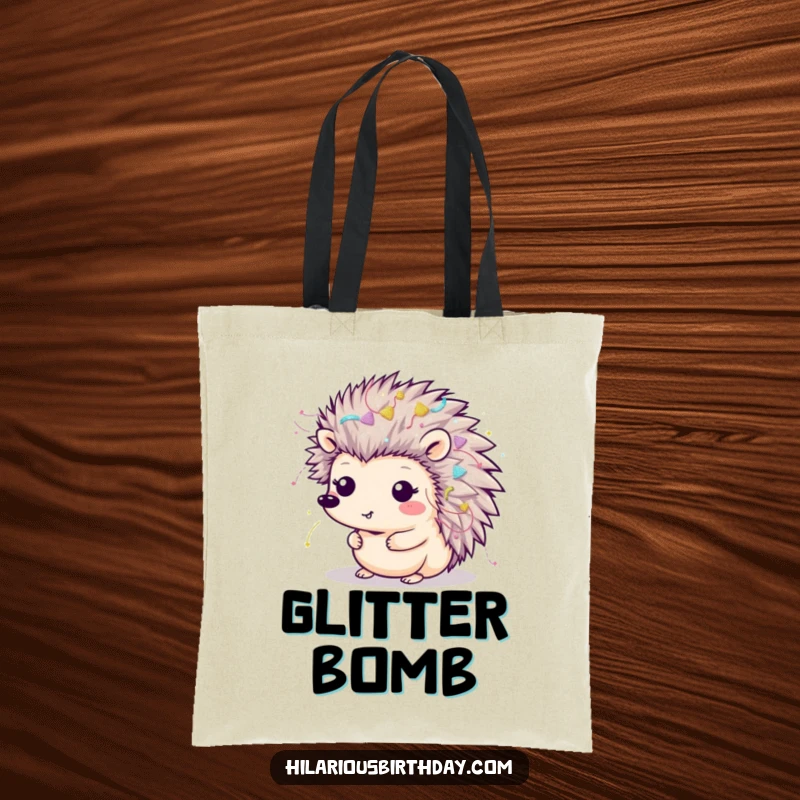 Funny Kawaii hedgehog covered in streamers and glitter on a tote bag, perfect for carrying party supplies.