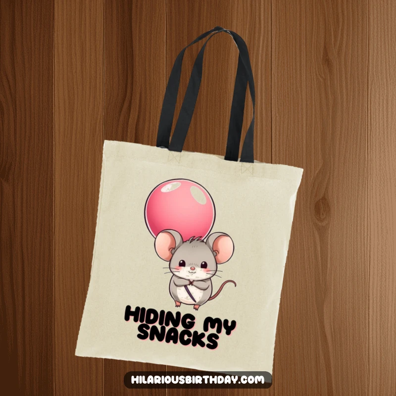 Funny tote bag with a round mouse character hiding behind a colorful balloon, great for carrying essentials with a playful flair.