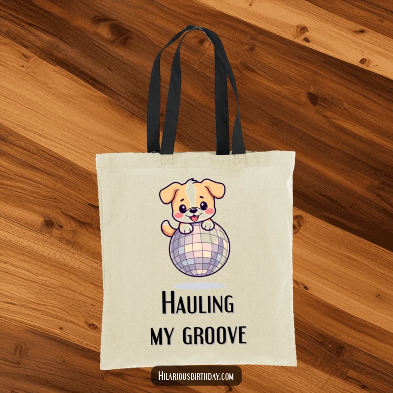 Funny kawaii dog character bouncing enthusiastically on a shiny disco ball, featured on a stylish tote bag.