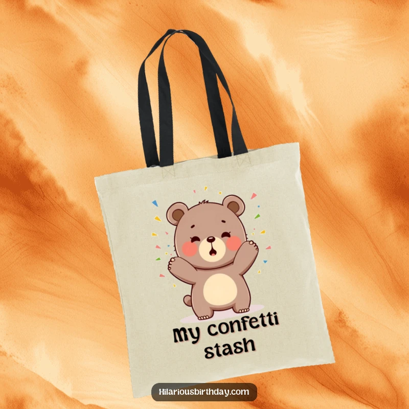 Funny tote bag depicting a gleeful Kawaii bear character playfully scattering a cascade of colorful confetti.