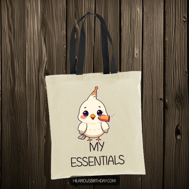 Funny tote bag with a kawaii bird character wearing a tiny party blower in its beak, perfect for carrying items with a festive and humorous style.