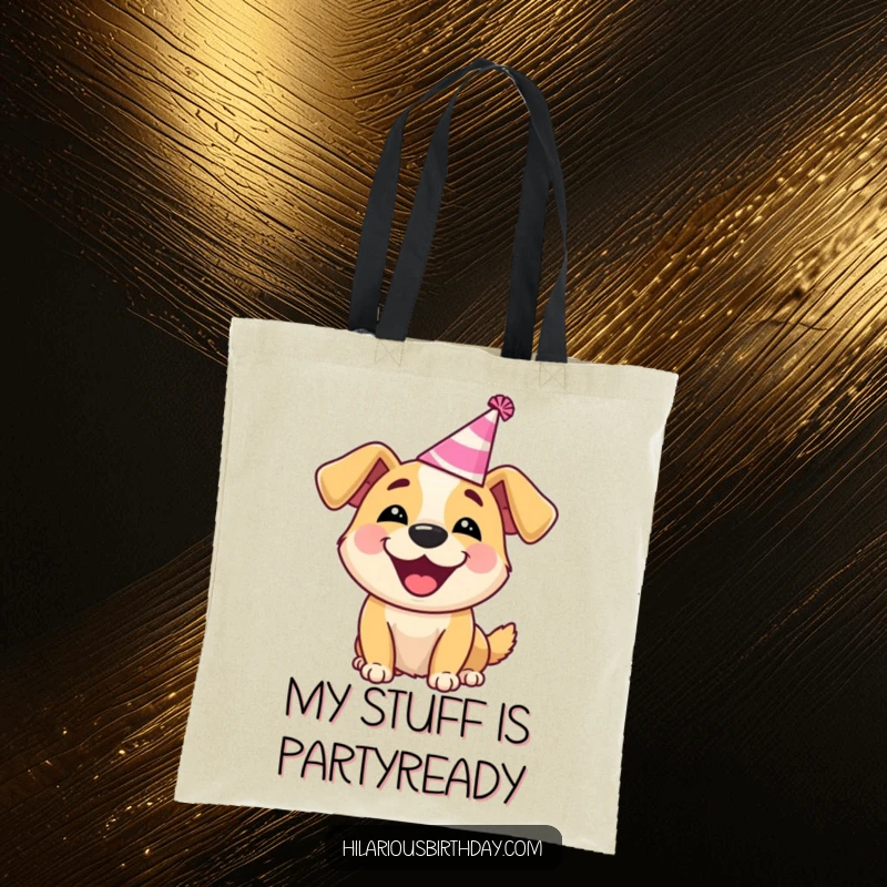 Funny Dog Tote Bag: Delighted dog wearing a silly party hat, barking happily, for everyday cheer.